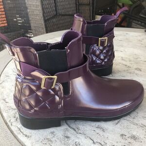 Hunter Original Purple Refined Quilted Gloss Chelsea Ankle Rain Booties Sz 7